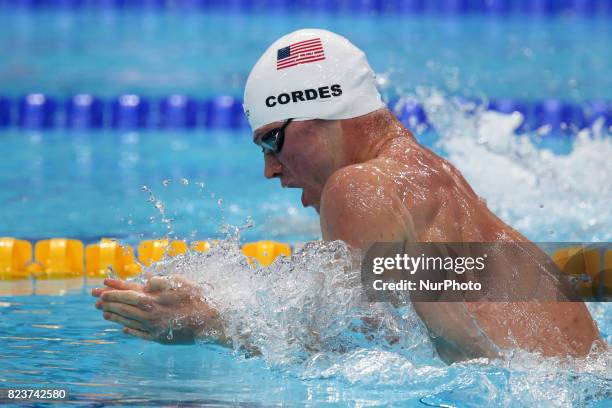 American swimmer Kevin Cordes in action during the men's 200 metre breast stroke qualification event at the FINA World Championships 2017 in...
