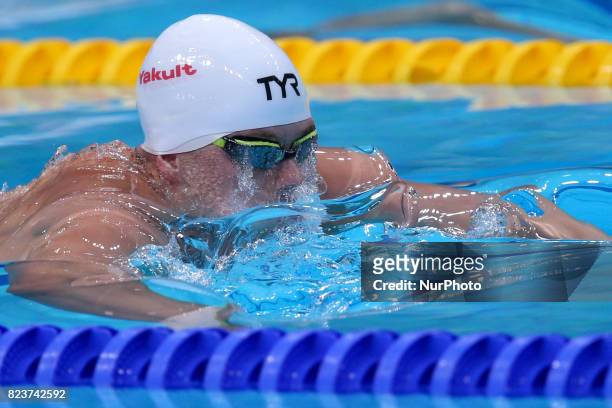 Nic Fink competes in a men's 200m breaststroke semi-final during the swimming competition at the 2017 FINA World Championships in Budapest, on July...
