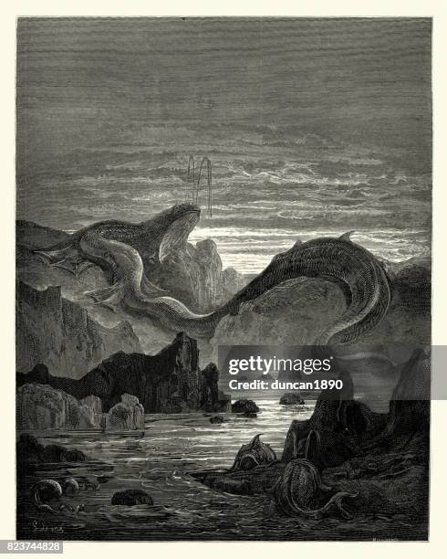 milton's paradise lost - and seems a moving land - sea monster stock illustrations
