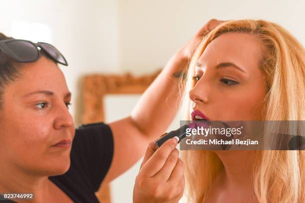 Makeup artist Jade Martinez and actress Alexis Nolan attend George Blodwell styles Alexis Nolan at The Artists Project TAP Style House on July 26,...