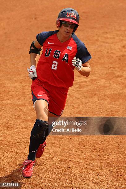 Jessica Mendoza of the United States rounds the bases after hitting a home run against Chinese Taipei during their softball game at Fengtai Softball...