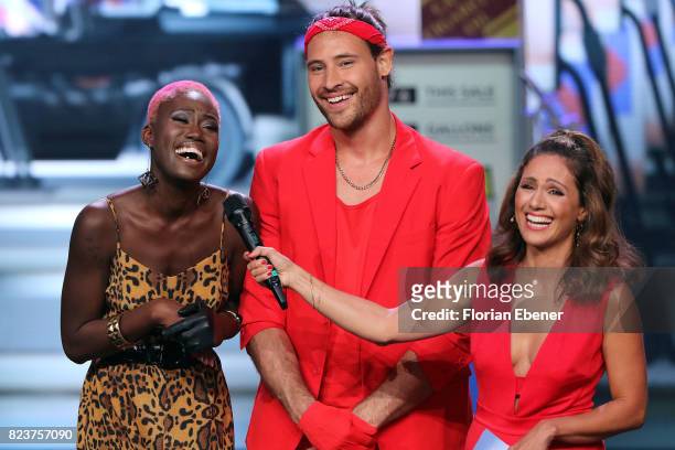 Aminata Sanogo, Marc Eggers and Nazan Eckes perform on stage during the 1st show of the television competition 'Dance Dance Dance' on July 12, 2017...