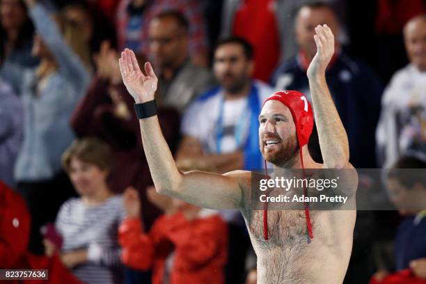 Viktor Nagy of Hungary celebrates during the Men's Waterpolo Semi-final against Greece on day fourteen of the Budapest 2017 FINA World Championships...