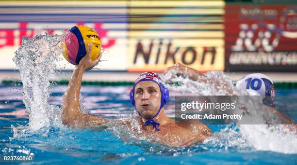 Sandro Sukno of Croatia in action during the Men's Waterpolo Semi-final match against Serbia on day fourteen of the Budapest 2017 FINA World...