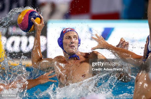 Sandro Sukno of Croatia in action during the Men's Waterpolo Semi-final match against Serbia on day fourteen of the Budapest 2017 FINA World...