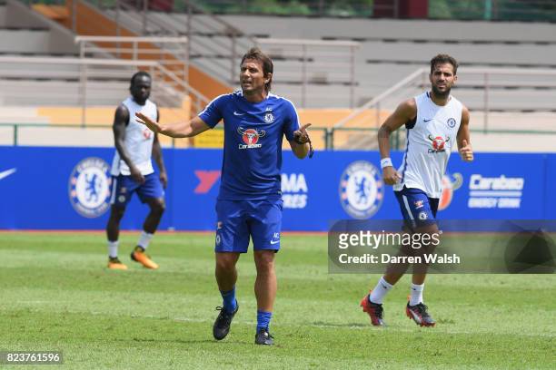 Antonio Conte of Chelsea during a training session at Singapore American School on July 28, 2017 in Singapore.