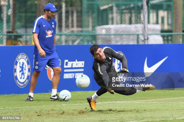 Thibaut Courtois of Chelsea during a training session at Singapore American School on July 28, 2017 in Singapore.