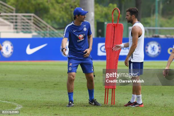 Paolo Vanoli and Cesc Fabregas of Chelsea during a training session at Singapore American School on July 28, 2017 in Singapore.