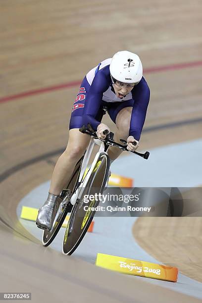 Sarah Hammer of the United States competes in the women's individual pursuit first round track cycling event at the Laoshan Velodrome on Day 8 of the...