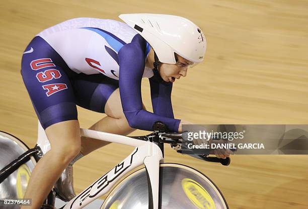 Track cyclist Sarah hammer of the US competes in the 2008 Beijing Olympic Games women's individual pursuit first round at the Laoshan Velodrome in...