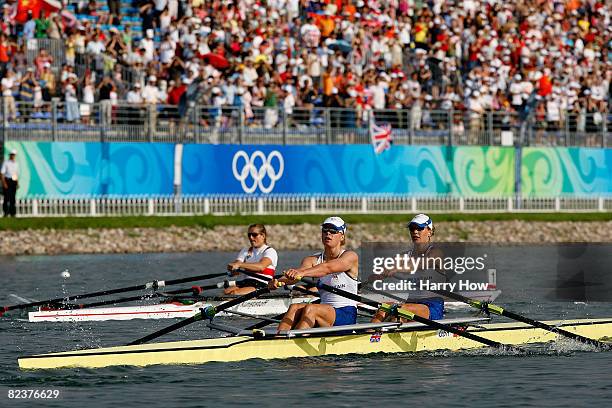 Bronze medalists Elise Laverick and Anna Bebington of Great Britain in action during the Women's Double Sculls Final at the Shunyi Olympic...