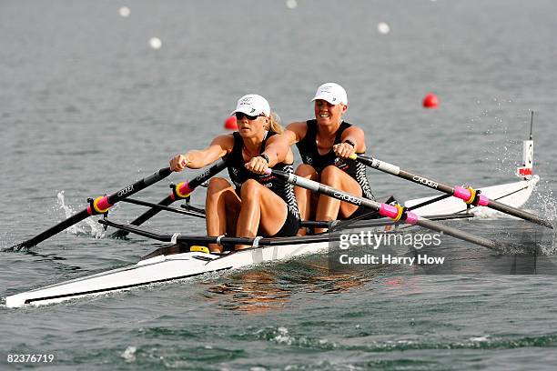 Georgina Evers-Swindell and Caroline Evers-Swindell of New Zealand compete in the Women's Double Sculls Final at the Shunyi Olympic Rowing-Canoeing...