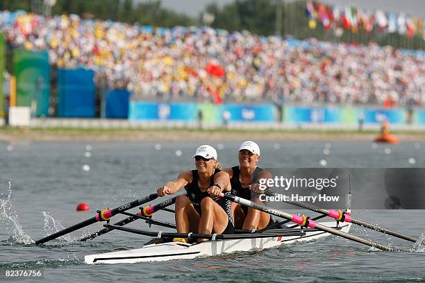 Georgina Evers-Swindell and Caroline Evers-Swindell of New Zealand compete in the Women's Double Sculls Final at the Shunyi Olympic Rowing-Canoeing...
