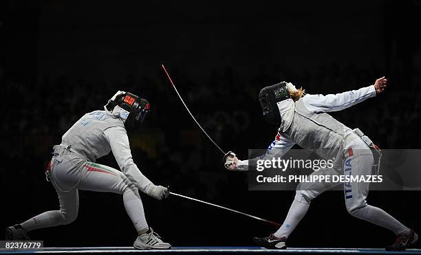 Italy's Ilaria Salvatori competes against Hungary's Gabriella Varga during the women's team foil bronze medal match Hungary vs. Italy on August 16,...