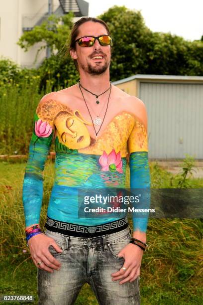 Model poses for a picture to show the results of the workshop given by artist Bella Volen the World Bodypainting Festival 2017 on July 27, 2017 in...