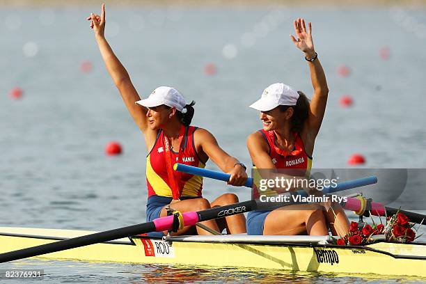 Georgeta Andrunache and Viorica Susanu of Romania celebrate after the Women's Pair Final at the Shunyi Olympic Rowing-Canoeing Park on Day 8 of the...