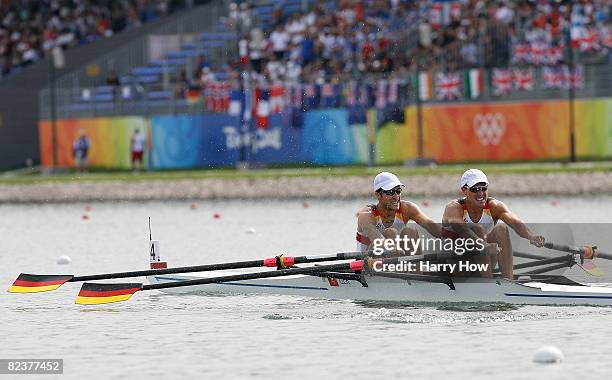 Manuel Brehmer and Jonathan Koch of Germany compete in the Lightweight Men's Double Sculls Final B at the Shunyi Olympic Rowing-Canoeing Park on Day...
