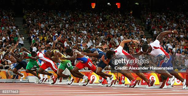 The athletes start the Men's 100m Semi Final 2 at the National Stadium on Day 8 of the Beijing 2008 Olympic Games on August 16, 2008 in Beijing,...