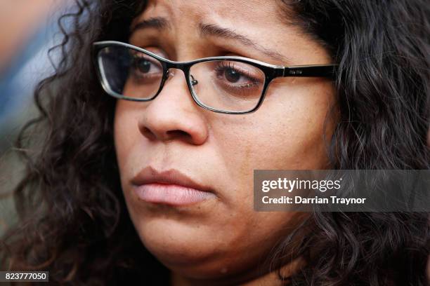 Shareena Clanton form Western Australia sheds a tear as speakers refer to Elijah Doughty on July 28, 2017 in Melbourne, Australia. Rallies around...