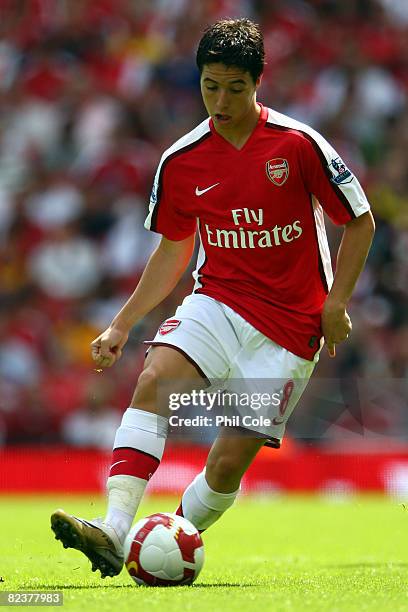 Samir Nasri of Arsenal in action during the Barclays Premier League match between Arsenal and West Bromwich Albion at the Emirates Stadium on August...