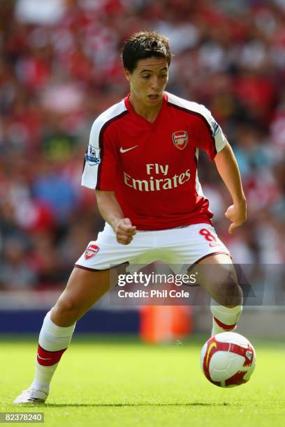 Samir Nasri of Arsenal in action during the Barclays Premier League match between Arsenal and West Bromwich Albion at the Emirates Stadium on August...