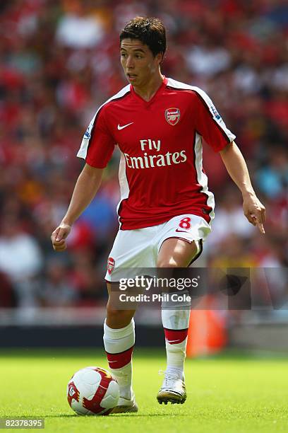 Samir Nasri of Arsenal in action during the Barclays Premier League match between Arsenal and West Bromwich Albion at the Emirates Stadium on August...