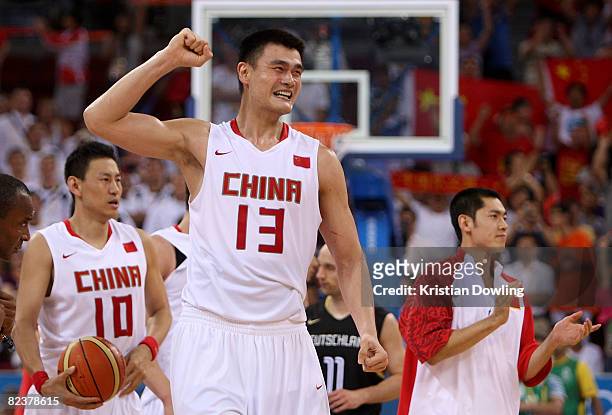 Yao Ming of China after China defeated Germany 59-55 during the group B preliminary basketball game at the Wukesong Indoor Stadium on Day 8 of the...