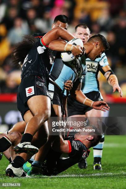 Fa'amanu Brown of the Sharks charges forward during the round 21 NRL match between the New Zealand Warriors and the Cronulla Sharks at Mt Smart...