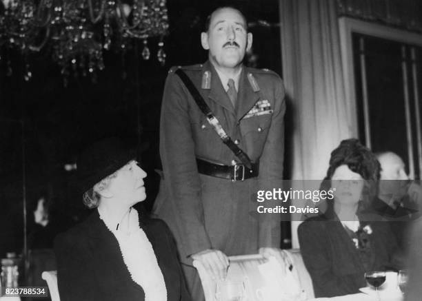 Lieutenant General Sir Oliver Leese of the British Army speaks at a luncheon at the Dorchester Hotel in London, in honour of the British forces who...