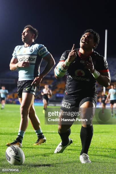 Solomone Kata of the Warriors celebrates after scoring a try during the round 21 NRL match between the New Zealand Warriors and the Cronulla Sharks...
