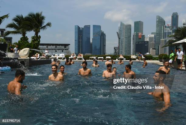 Player of FC Internazionale in swimming pool after a training session at Mandarin Oriental Hotel on July 28, 2017 in Singapore.