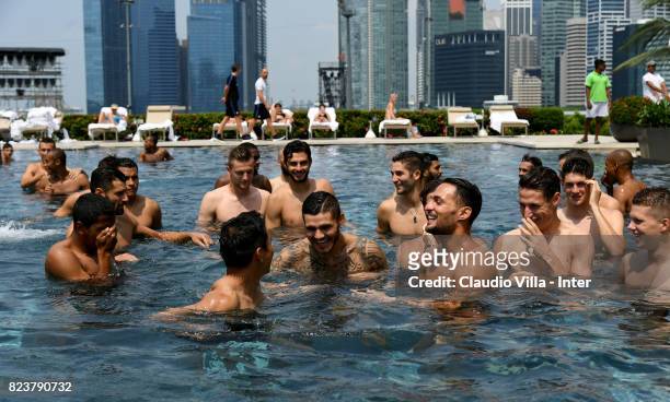 Player of FC Internazionale in swimming pool after a training session at Mandarin Oriental Hotel on July 28, 2017 in Singapore.