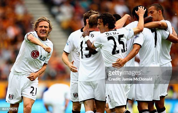 Jimmy Bullard of Fulham celebrates Fulhams first goal during the Barclays Premier League match between Hull Ciy and Fulham at the KC Stadium on...