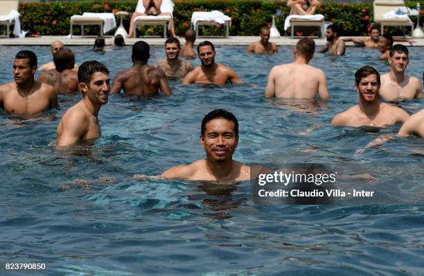 Yuto Nagatomo of FC Internazionale poses in swimming pool at Mandarin Oriental Hotel on July 28, 2017 in Singapore.