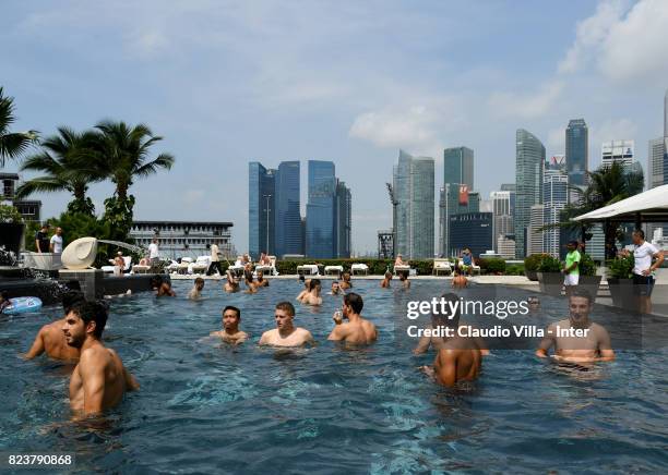 Player of FC Internazionale in swimming pool after a training session at Mandarin Oriental Hotel on July 28, 2017 in Singapore.