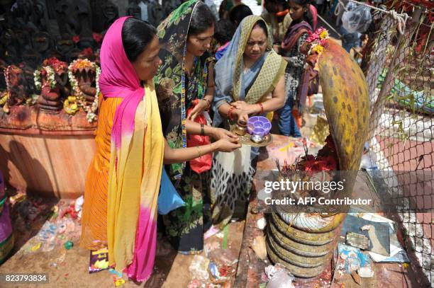 Indian Hindu devotees offer prayers to statues of snakes to mark the Nag Panchami festival at a temple in Secunderabad, the twin city of Hyderabad,...