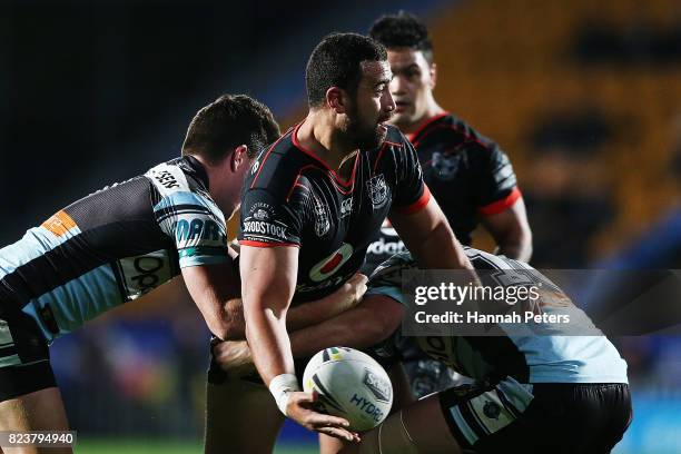 Ben Matulino of the Warriors charges forward during the round 21 NRL match between the New Zealand Warriors and the Cronulla Sharks at Mt Smart...