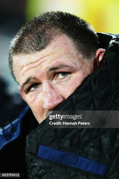 Paul Gallen of the Sharks looks on from the sideline during the round 21 NRL match between the New Zealand Warriors and the Cronulla Sharks at Mt...