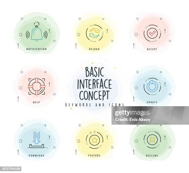 basic interface line icon set with watercolor patch - computer loading stock illustrations