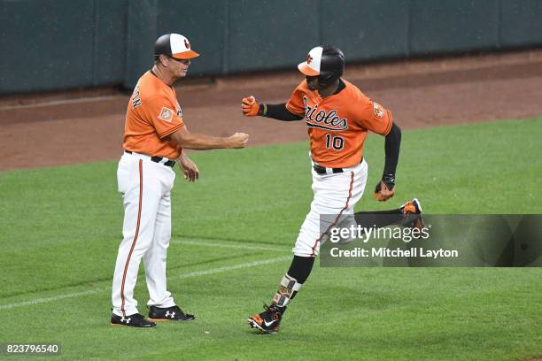 Adam Jones of the Baltimore Orioles celebrates a home run Bobby Dickerson of the Baltimore Orioles with third base coach "" during a baseball game...