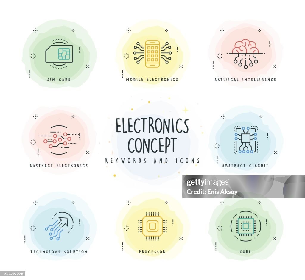 Electronics Line Icon Set with Watercolor Patch