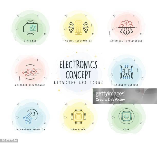electronics line icon set with watercolor patch - electronics store stock illustrations