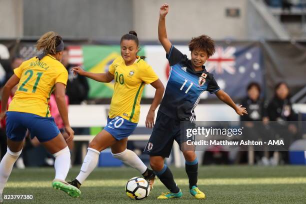 Camila of Brazil and Mina Tanaka of Japan during the 2017 Tournament Of Nations match between Japan and Brazil at CenturyLink Field on July 27, 2017...