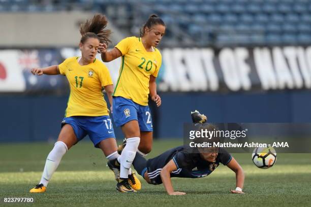 Camila of Brazil fouls Yuika Sugasawa of Japan during the 2017 Tournament Of Nations match between Japan and Brazil at CenturyLink Field on July 27,...