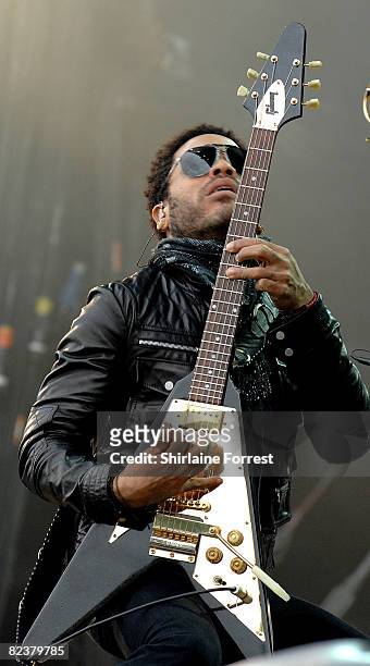 Lenny Kravitz performs on day one of the V Festival at Weston Park on August 16, 2008 in Telford, England.