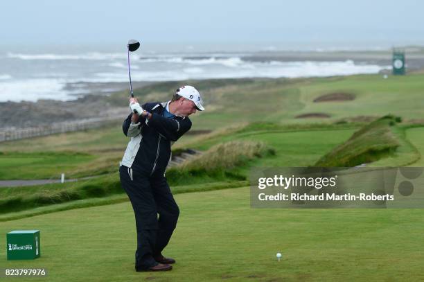 Philip Walton of Ireland tees off on the 2nd hole during the second round of the Senior Open Championship presented by Rolex at Royal Porthcawl Golf...