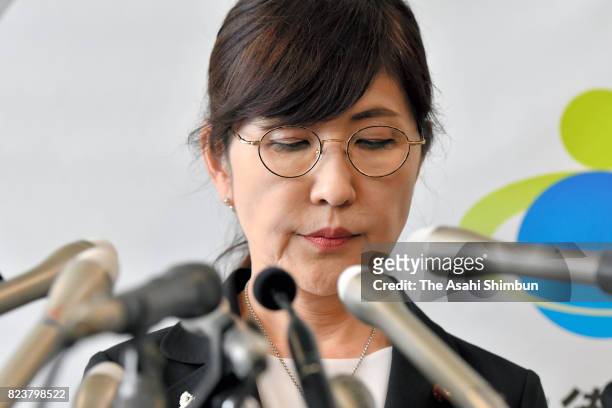 Outgoing Defense Minister Tomomi Inada attends a press conference at the Defense Ministry on July 28, 2017 in Tokyo, Japan. Prime Minister Shinzo Abe...