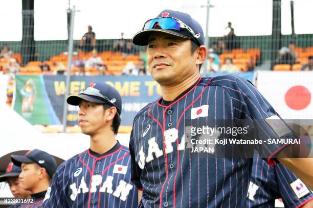 Japan team corchToshihisa NIshi looks on in the WBSC U-12 Baseeball World Cup Group A match between Japan and the Czech Republic on July 28, 2017 in...
