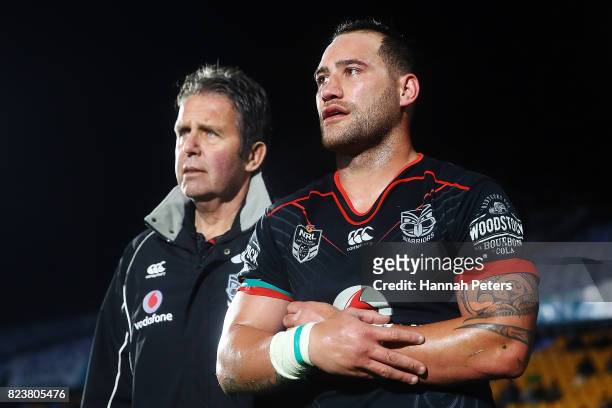 Bodene Thompson of the Warriors walks off injured during the round 21 NRL match between the New Zealand Warriors and the Cronulla Sharks at Mt Smart...