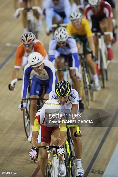 Track cyclist Joan Llaneras of Spain competes in the 2008 Beijing Olympic Games men's points race at the Laoshan Velodrome in Beijing on August 16,...